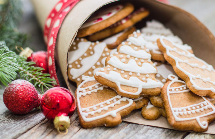 Christmas cookies, ornaments, greenery