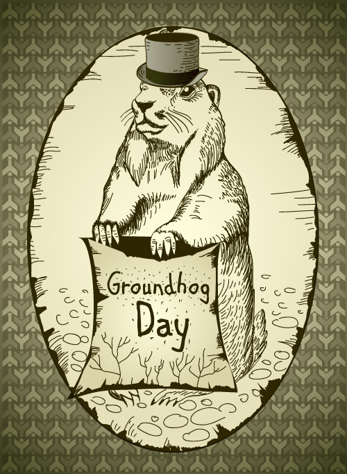 Groundhog Day, groundhog wearing a hat holding a sign